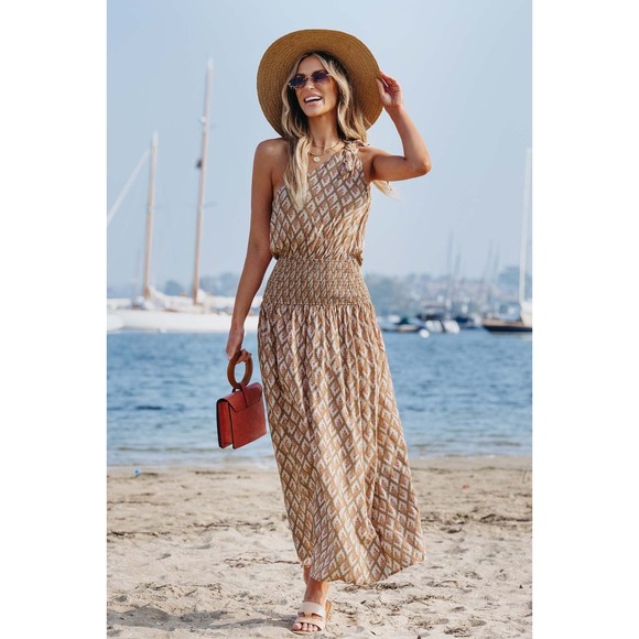 Cupshe Dresses & Skirts - Cupshe Retro One-Shoulder Smocked Maxi Dress Brown Floral M Resort Boho Chic